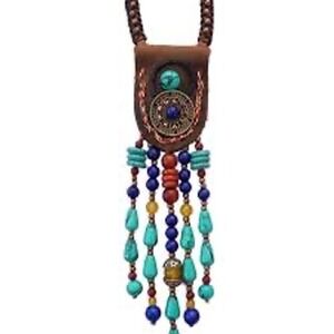 Boho Leather Tassel Necklace Turquoise Colored Beaded Tribal Statement 27" Adj